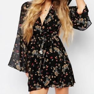 Free People Lilou Floral Boho Bell Sleeve Flowy Mini Dress